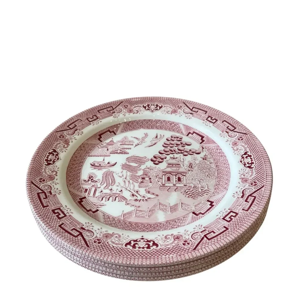 Queen's England WILLOW ROSA Porcelain Dinner Plates 10in Red White Set of 4 New
